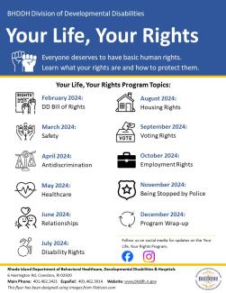 Your Life, Your Rights ​Program Flyer. Flyer has information about the different right topics that will be presented each month in 2024.