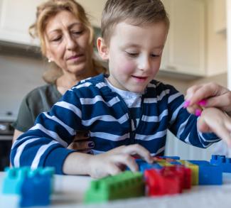 boy playing with bricks with his family